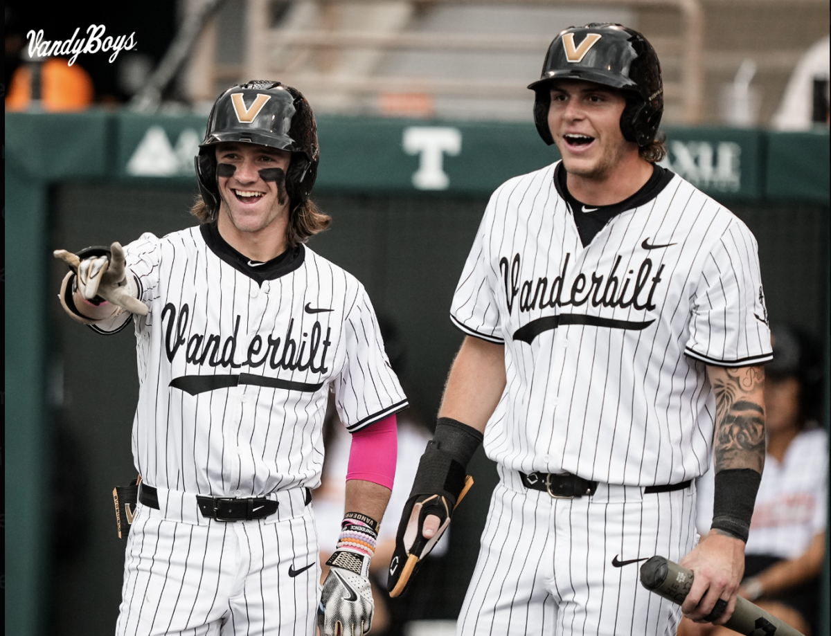 Braden Holcomb and Jonathan Vastine celebrate after scoring, as photographed on May 12, 2025. (Vanderbilt Athletics)